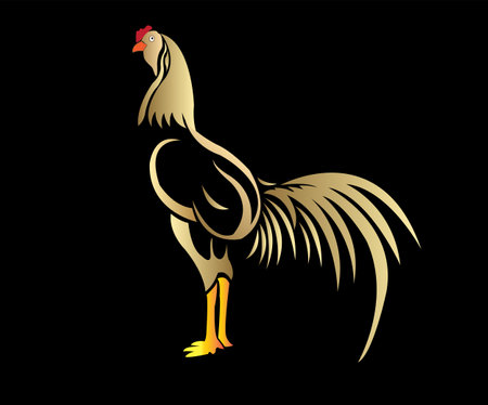 Vector illustration of a golden rooster on a black background.のイラスト素材
