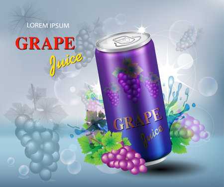 Vector illustration of grape juice, beverage canned for advertising purposes.のイラスト素材