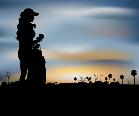 Female golfer silhouette vector illustration on evening golf course view background.のイラスト素材