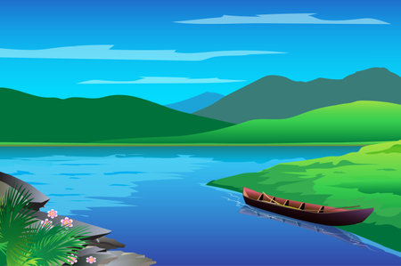 Night view vector illustration of a peaceful river.のイラスト素材