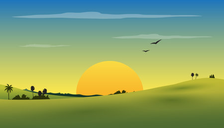Vector illustration of nature hill view, sun set.のイラスト素材