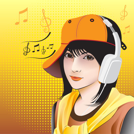 Vector illustration of little girl listening to music happily.のイラスト素材