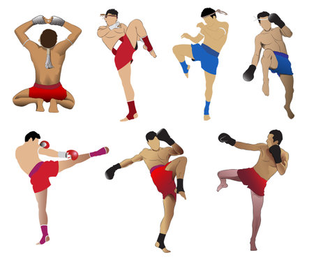 Vector illustrations include various forms of Muay Thai moves.のイラスト素材