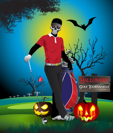 Halloween ghost golfer vector illustration and golf course in the cemeteryのイラスト素材