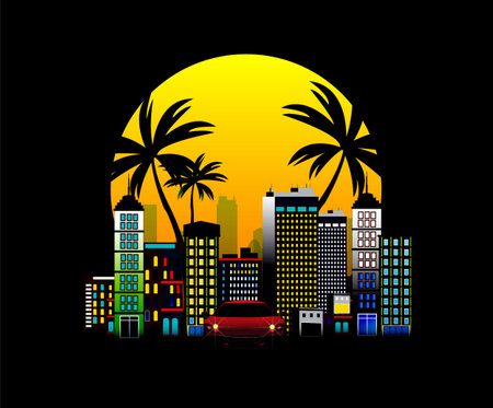 Vector illustration showing the beauty of a small town at night.のイラスト素材