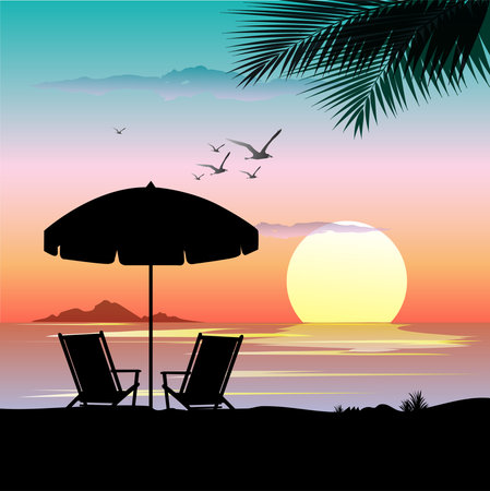 Vector illustration, evening sea view when the sun sets over the water.のイラスト素材