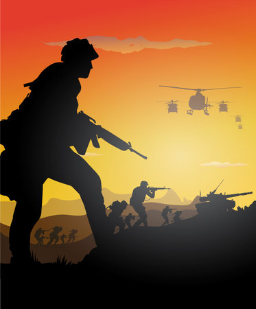 Vector illustration of silhouettes of soldiers in the army fighting in war.のイラスト素材
