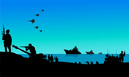 Vector illustration of silhouettes of soldiers in the army fighting in warのイラスト素材