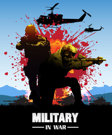 Vector illustration of silhouettes of soldiers in the army fighting in war.のイラスト素材