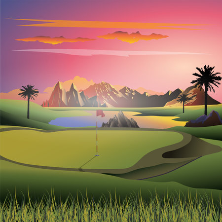 Vector illustration of a beautiful golf course in the evening atmosphere.のイラスト素材