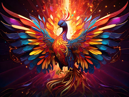 Colorful bird on the background of a cosmic landscape. Vector illustration.の素材