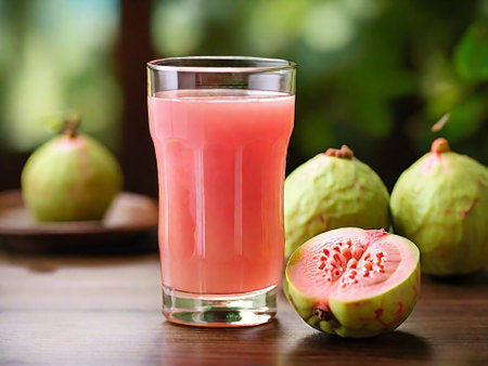 Fresh guava juice in glass and fresh guava fruit on wooden tableの素材