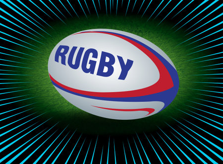 Rugby ball on a green field with rays. Vector illustrationのイラスト素材