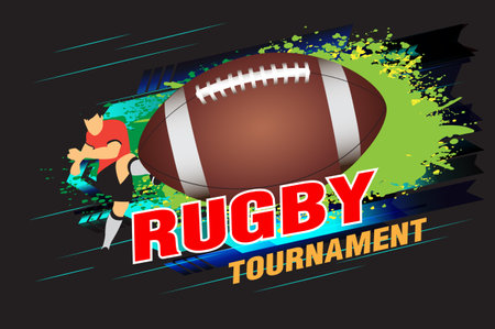 Rugby tournament banner with ball and player. Vector illustration.のイラスト素材