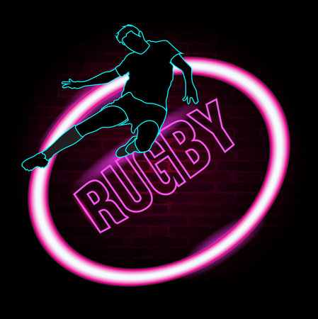 Rugby neon sign on brick wall background. Vector illustration.のイラスト素材