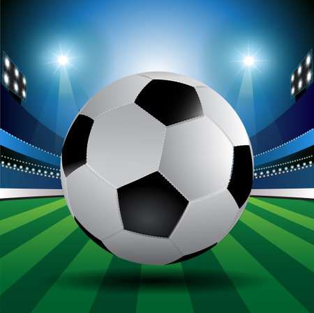 Soccer ball on the field of stadium with spotlights. Vector illustrationのイラスト素材