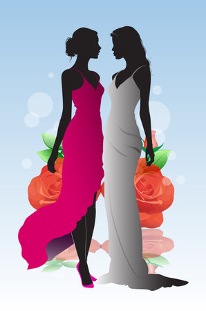 Silhouette of two women in evening dresses on background of rosesのイラスト素材