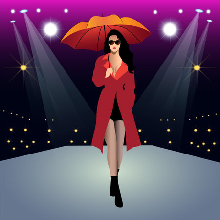 Beautiful woman in red coat and umbrella on the stage. Vector illustration.のイラスト素材