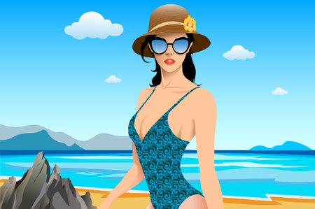 Beautiful woman in swimsuit on the beach. Vector illustration.のイラスト素材