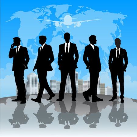 Vector illustration of business people silhouettes on the background of the world mapのイラスト素材