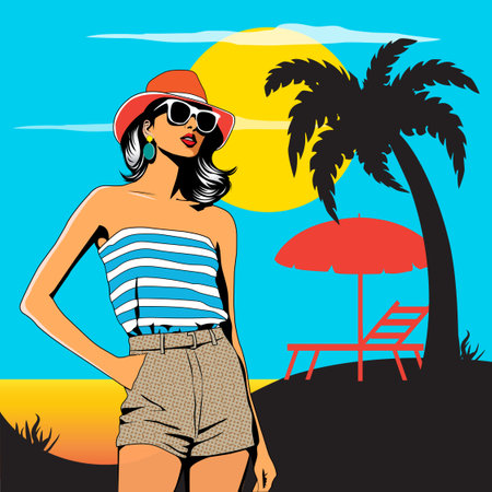 vector illustration of a girl in a hat and sunglasses on the beachのイラスト素材
