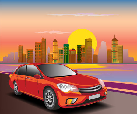 Car on the road with cityscape background. Vector Illustration.のイラスト素材