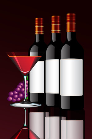 bottles of wine and a glass on a dark background. vector illustrationのイラスト素材