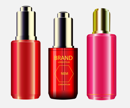 Cosmetic bottle mockup. Red and gold colors. Vector illustration.のイラスト素材