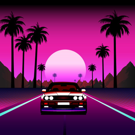 Car on the road with palm trees at sunset. Vector illustration.のイラスト素材