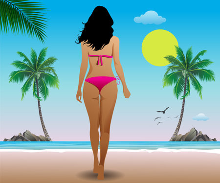 girl in a bikini on the beach with palm trees, vector illustrationのイラスト素材