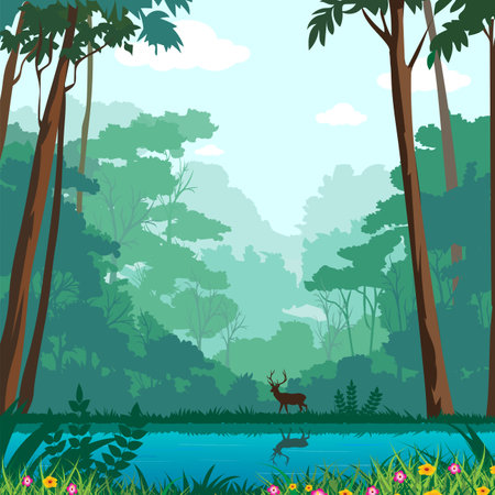 Forest landscape with lake and forest trees. Nature background. Vector illustration.のイラスト素材
