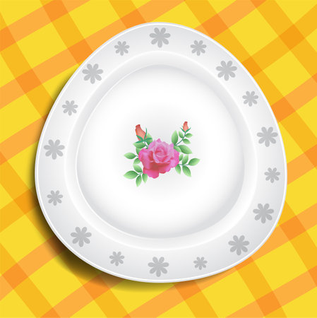 Plate with flowers on tablecloth background. Vector Illustration.のイラスト素材
