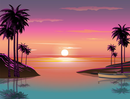 Beautiful sunset on the beach with palm trees. Vector illustration.のイラスト素材