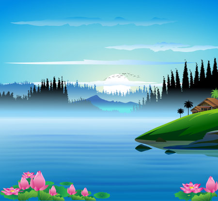 Vector illustration of nature landscape with lake, mountain, sky and forestのイラスト素材