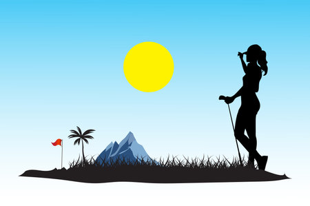 silhouette of a girl with a golf club in the mountainsのイラスト素材