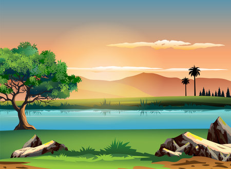Vector illustration of a landscape with a lake and a palm tree.のイラスト素材