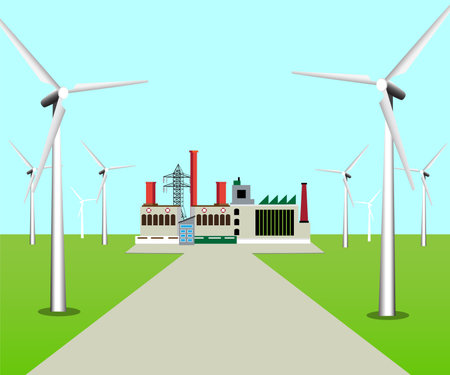 Ecology concept with wind power plant and wind turbines. Vector illustrationのイラスト素材