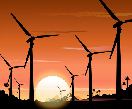 Wind turbines on sunset background, vector illustration. Alternative energy source.のイラスト素材