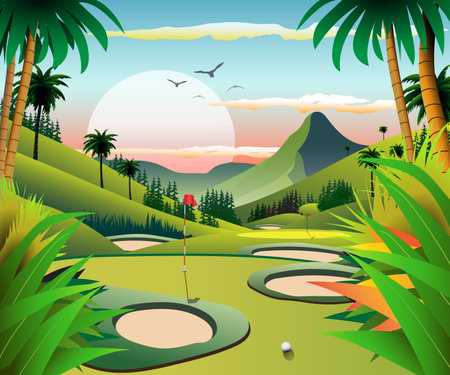 Golf course in the tropics. Vector illustration. EPS 10のイラスト素材