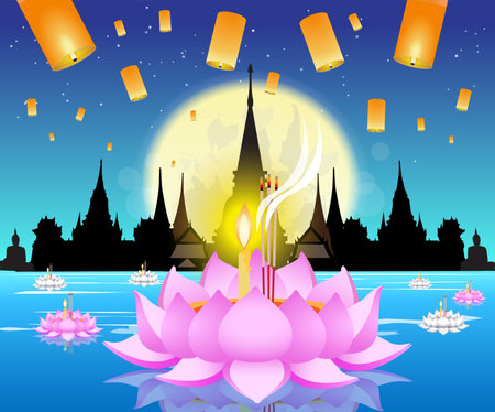 Happy Loy Krathong festival in Bangkok, Thailand. (vector)のイラスト素材