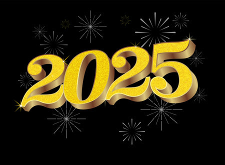 New Year 2025 Gold Black Background Festive Design Template for Holiday Card Invitation Poster Calendar Banner Vector Illustrationのイラスト素材