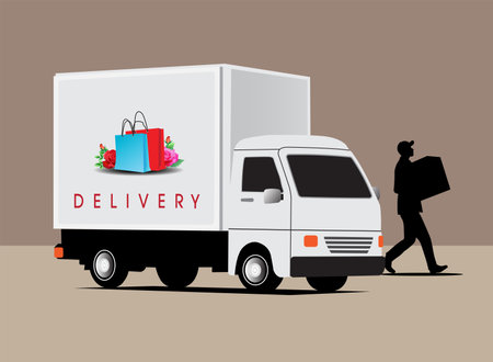 delivery man with shopping bag and truck. vector illustration eps10のイラスト素材