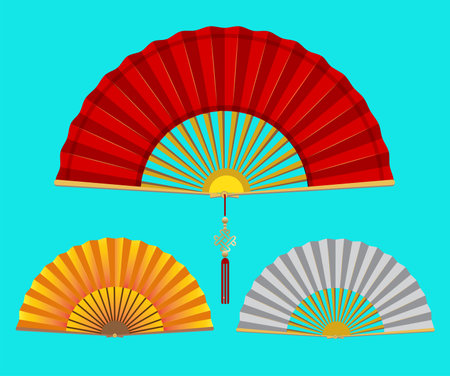 Vector illustration of various Chinese fans for fashion and cooling purposes.のイラスト素材