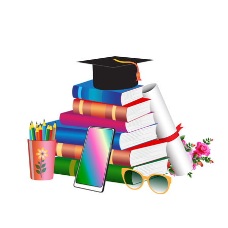 Graduation cap, books, glasses and mobile phone. Vector illustrationのイラスト素材