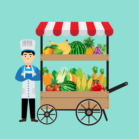 Fruits and vegetables cart. Vector illustration in flat cartoon style.のイラスト素材