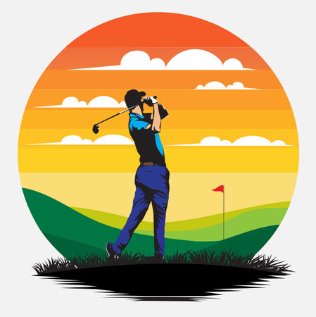 Golfer playing golf at sunset. Vector illustration in flat styleのイラスト素材