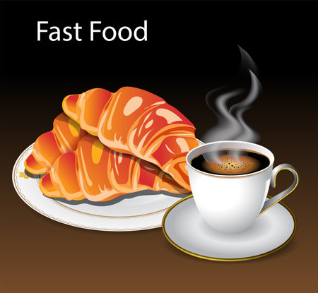 Coffee and croissant on a black background. Vector illustrationのイラスト素材