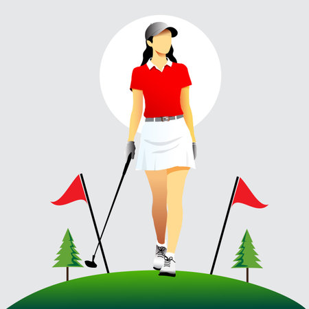 Golfer woman on golf course. Vector illustration in flat styleのイラスト素材