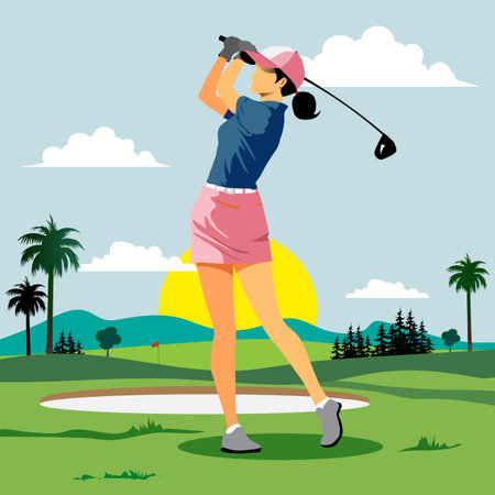 Golfer playing golf on the golf course. Vector illustration.のイラスト素材