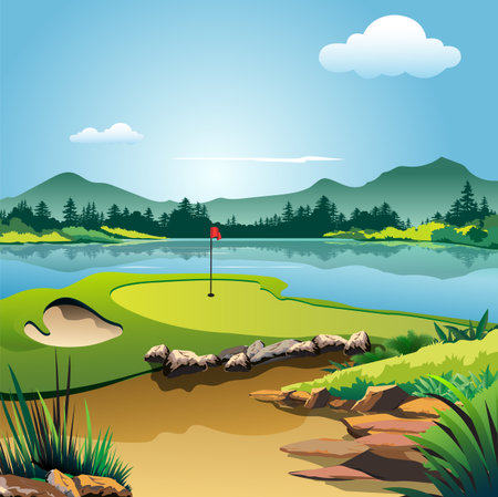 Golf course with lake and mountains in the background, vector illustrationのイラスト素材